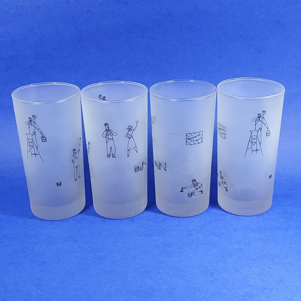 Libbey Painter Frosted Glasses Wet Paint Graphic Set of 4 Vintage Highball MCM
